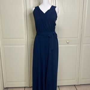 Gibson LATIMER Women’s Navy Dressy V-Neck Jumpsuit Self Tie Belt Wide Leg Sz S